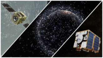 Справа налево: спутник Astroscale, распределение искусственных спутников на орбите Земли (иллюстрация), спутник RemoveDEBRIS