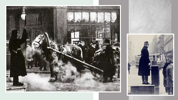 Слева направо: первый регулировщик в Москве, 1931 год; первый регулировщик в Праге, 1919 год