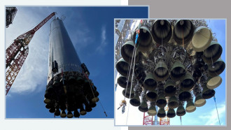 Starship Booster 4 на космической базе SpaceX в Южном Техасе и 29 двигателей Raptor, установленные на этой ракете. @Илон Маск / SpaceX